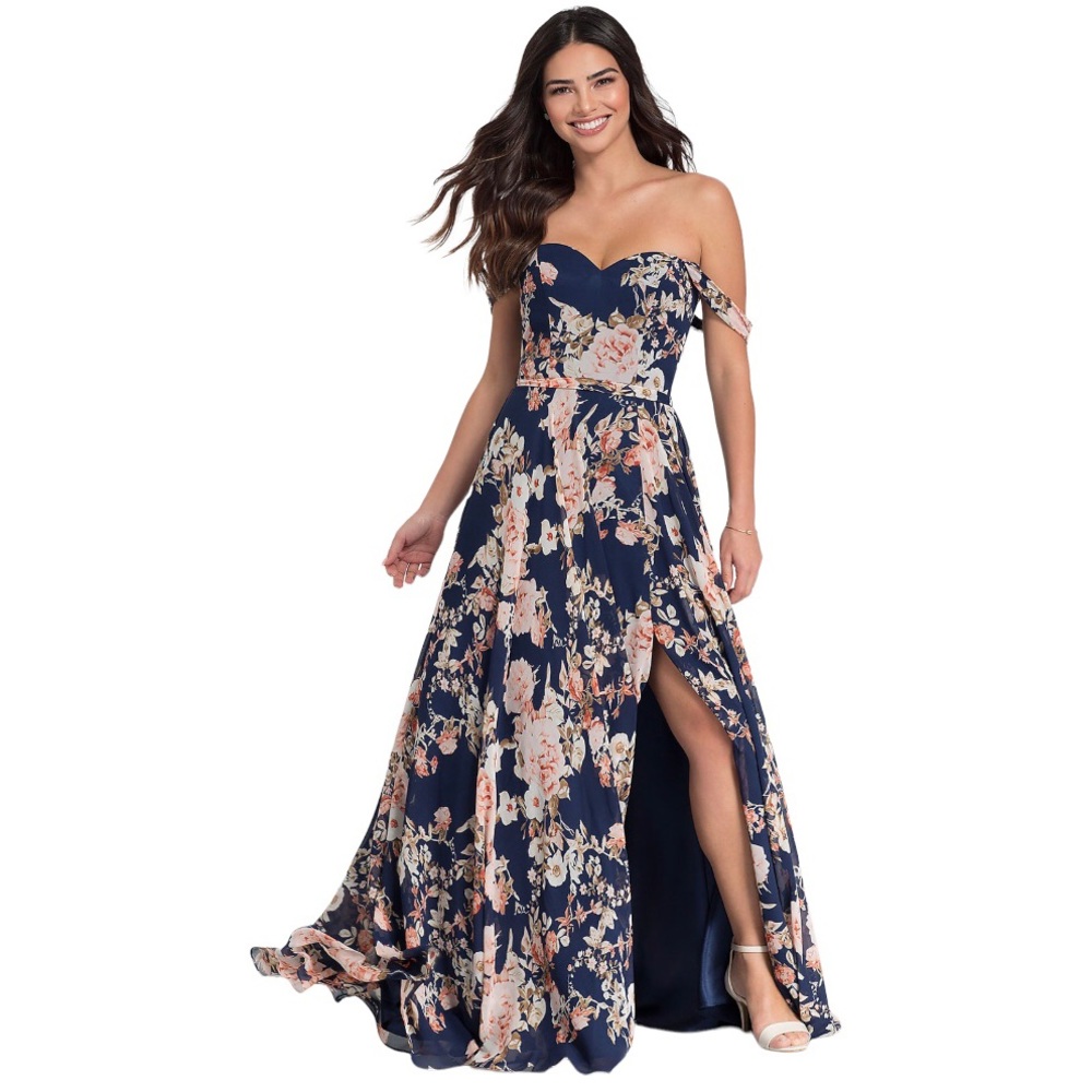 Floral-Print Off-the-Shoulder Long Formal Dress